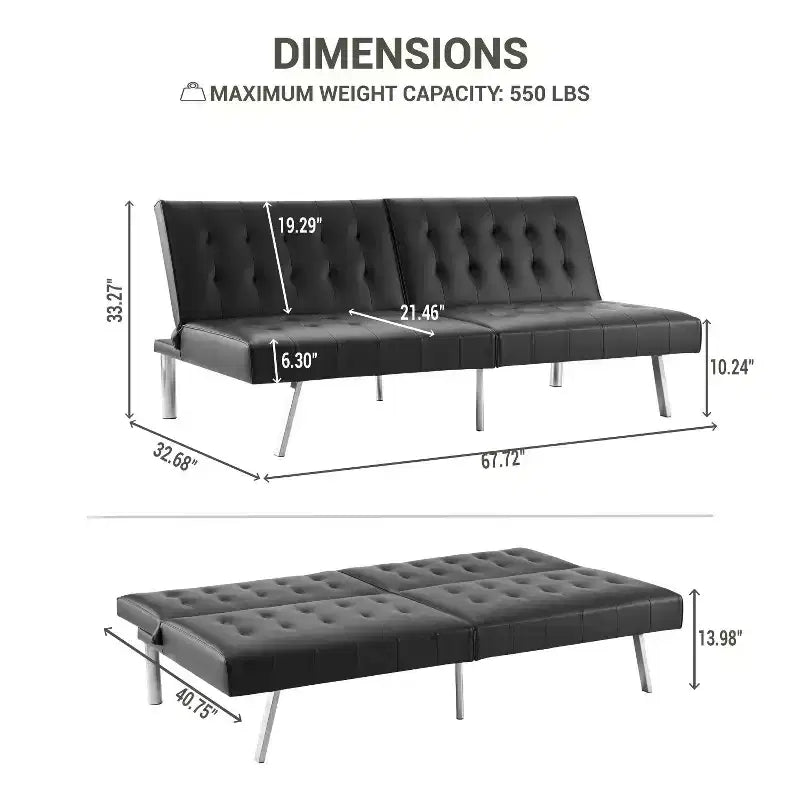 Divano Letto Futon trapuntato con schienale diviso, Divano Letto convertibile con gambe cromate