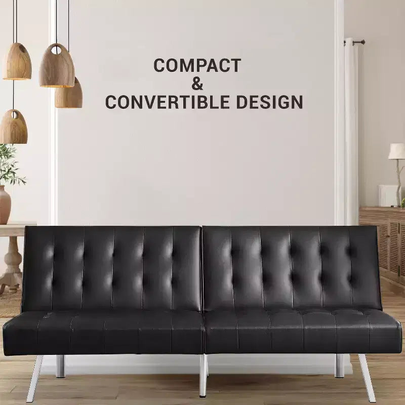 Divano Letto Futon trapuntato con schienale diviso, Divano Letto convertibile con gambe cromate