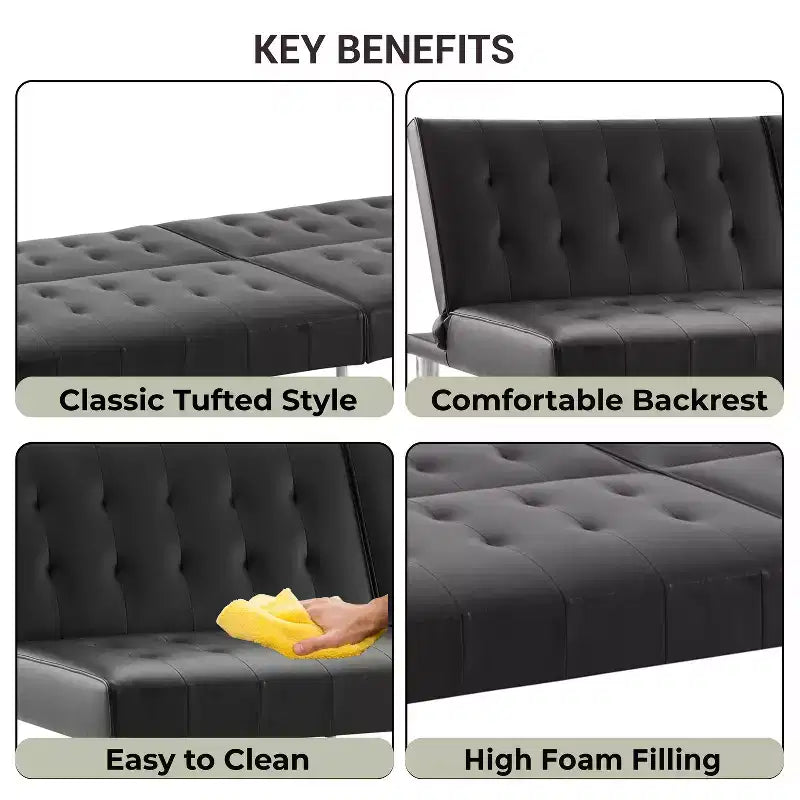 Divano Letto Futon trapuntato con schienale diviso, Divano Letto convertibile con gambe cromate