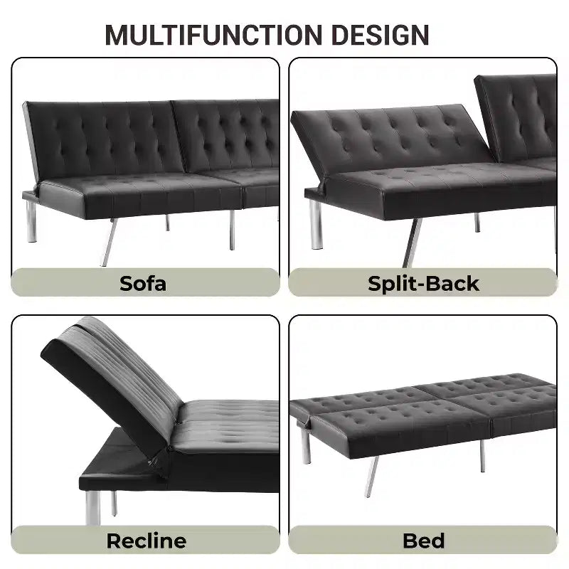Divano Letto Futon trapuntato con schienale diviso, Divano Letto convertibile con gambe cromate