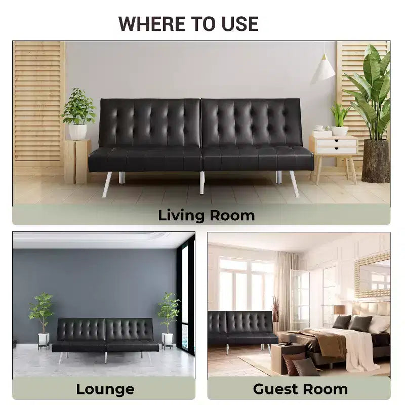 Divano Letto Futon trapuntato con schienale diviso, Divano Letto convertibile con gambe cromate