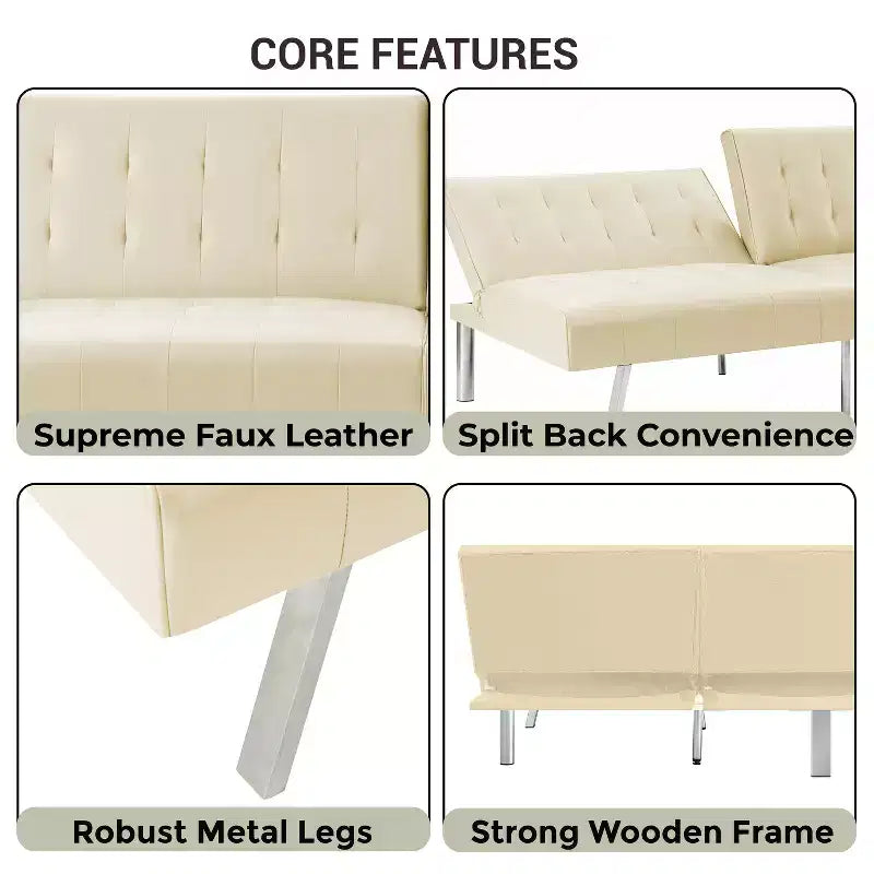 Divano Letto Futon trapuntato con schienale diviso, Divano Letto convertibile con gambe cromate