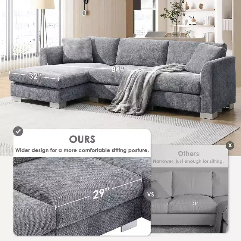Divano componibile moderno di grandi dimensioni, divano di lusso a L con chaise longue e 2 cuscini