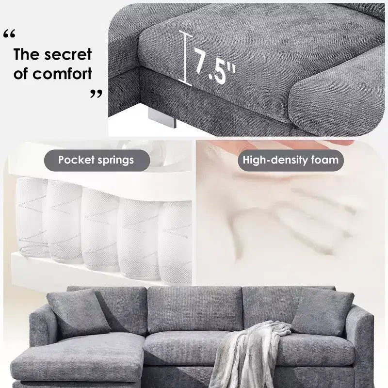 Divano componibile moderno di grandi dimensioni, divano di lusso a L con chaise longue e 2 cuscini