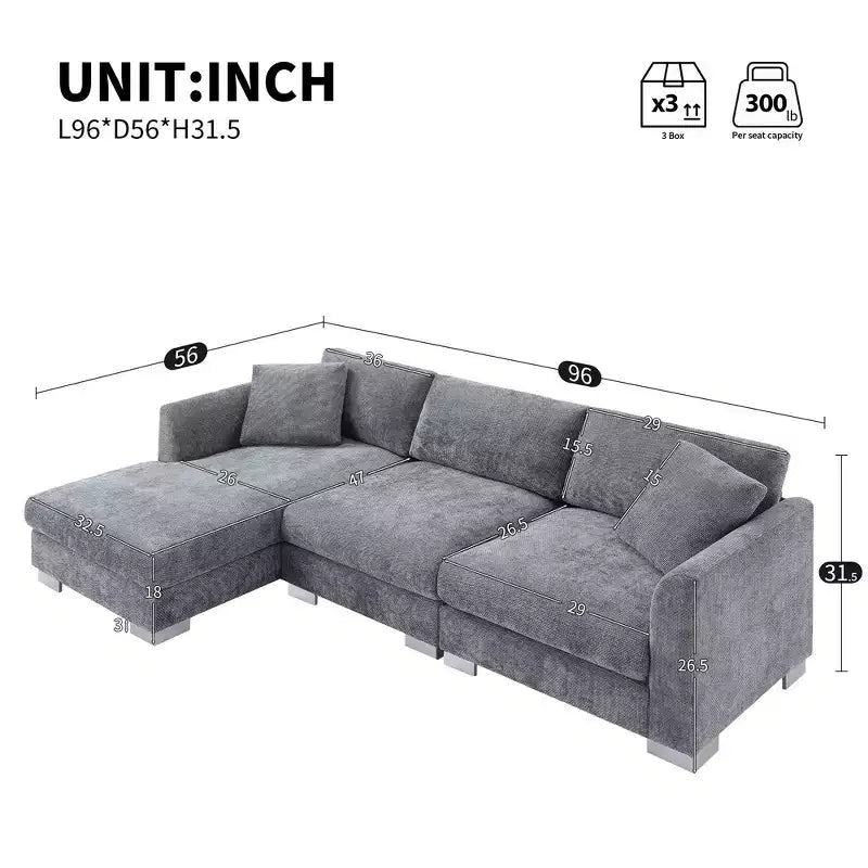 Divano componibile moderno di grandi dimensioni, divano di lusso a L con chaise longue e 2 cuscini