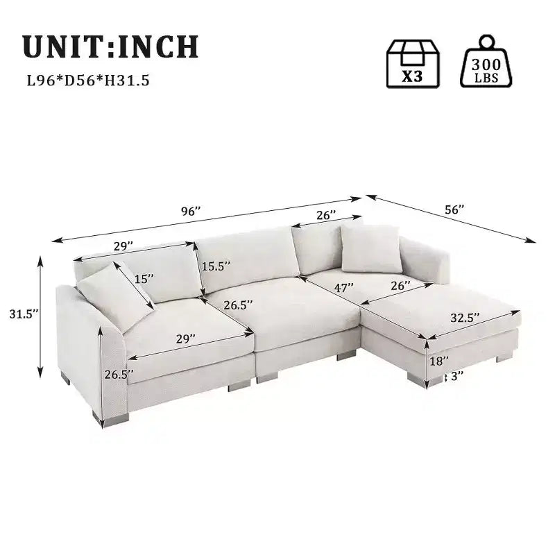 Divano componibile moderno di grandi dimensioni, divano di lusso a L con chaise longue e 2 cuscini