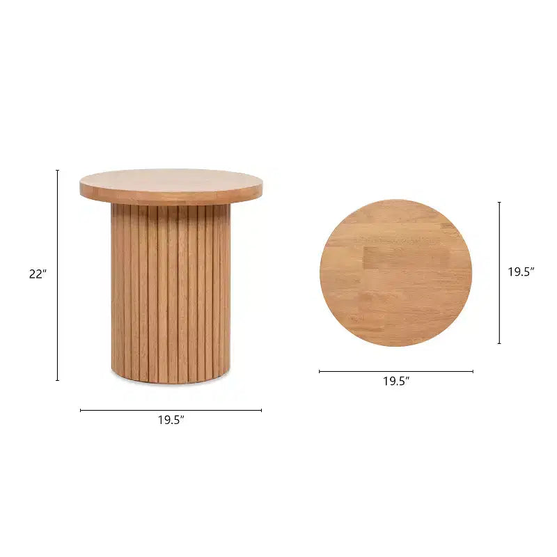 Kenzie Tavolino d'appoggio rotondo a colonna scanalata da 19,5", in gomma color marrone naturale chiaro