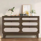 Rattan Nightstand Bedside Table, Modern Side Table with 6 Drawers, Narrow Chests of Drawers, End Tables for Bedroom, Living Room