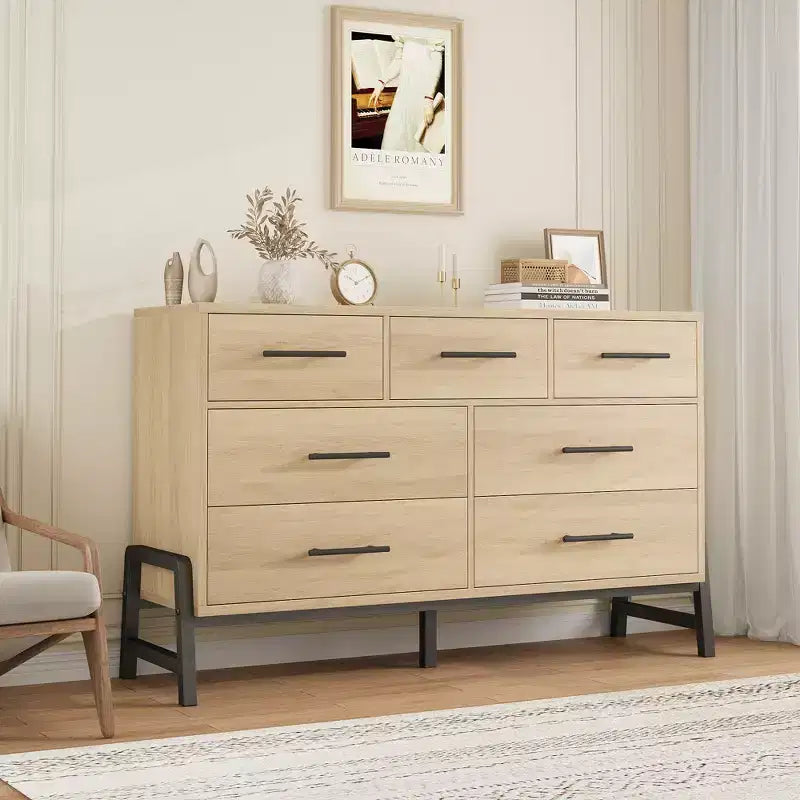 Comò a 7 cassetti per camera da letto, Comò largo 132 cm, Comò con cassetti larghi e cassettiere autonome, Cassettiera in legno per camera da letto
