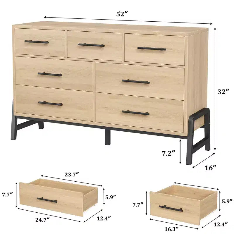 Comò a 7 cassetti per camera da letto, Comò largo 132 cm, Comò con cassetti larghi e cassettiere autonome, Cassettiera in legno per camera da letto