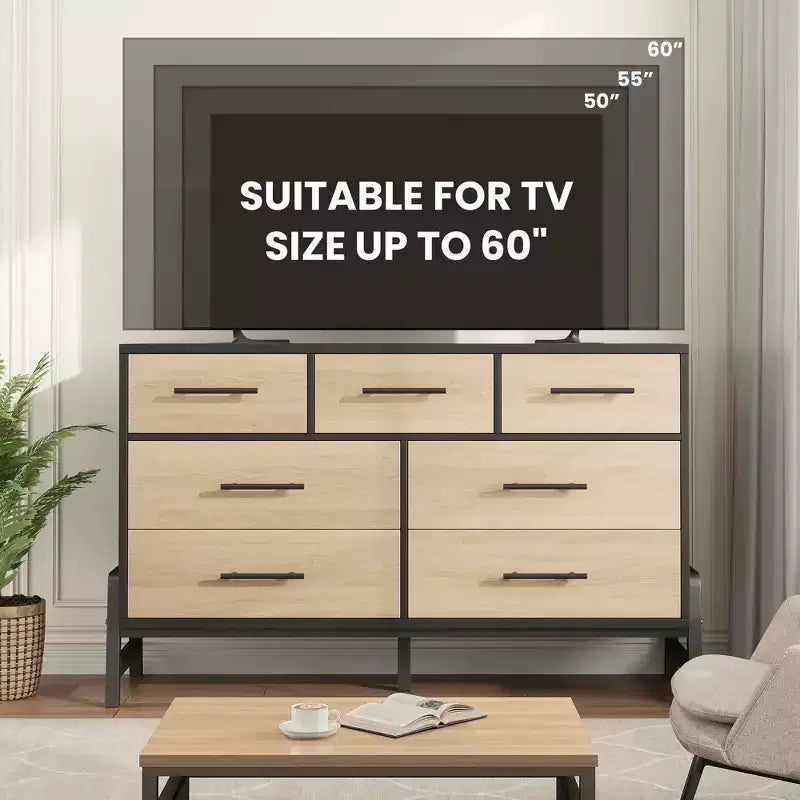 Comò a 7 cassetti per camera da letto, Comò largo 132 cm, Comò con cassetti larghi e cassettiere autonome, Cassettiera in legno per camera da letto