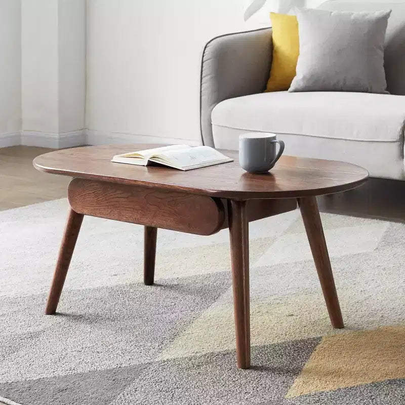 Tavolino ovale Belle in legno massello di rovere da 100 cm di larghezza con un cassetto