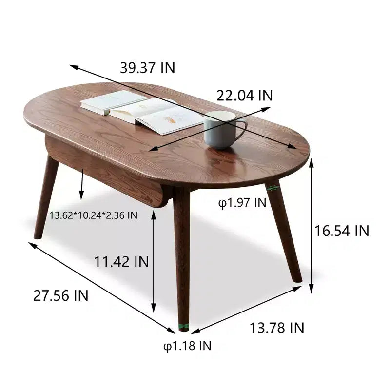 Tavolino ovale Belle in legno massello di rovere da 100 cm di larghezza con un cassetto