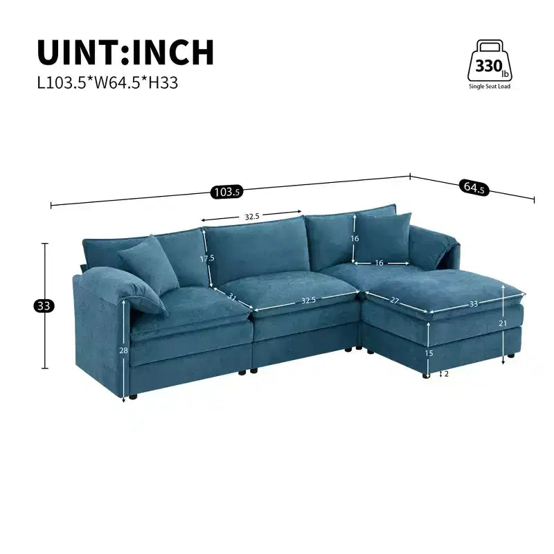 Divano Componibile Moderno Oversize in ciniglia, Divano a 4 posti con Doppio Cuscino e Pouf Mobili