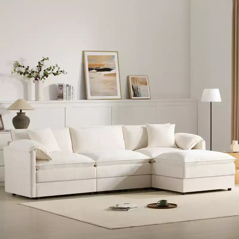 Divano Componibile Moderno Oversize in ciniglia, Divano a 4 posti con Doppio Cuscino e Pouf Mobili