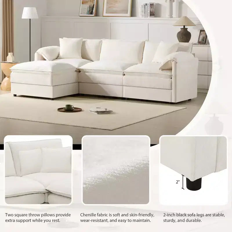 Divano Componibile Moderno Oversize in ciniglia, Divano a 4 posti con Doppio Cuscino e Pouf Mobili