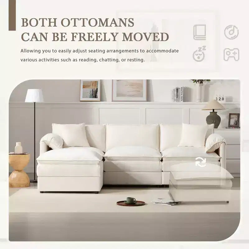 Divano Componibile Moderno Oversize in ciniglia, Divano a 4 posti con Doppio Cuscino e Pouf Mobili