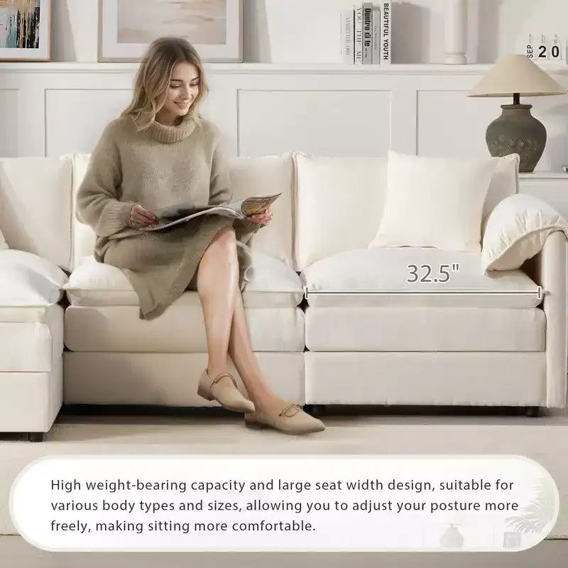 Divano Componibile Moderno Oversize in ciniglia, Divano a 4 posti con Doppio Cuscino e Pouf Mobili