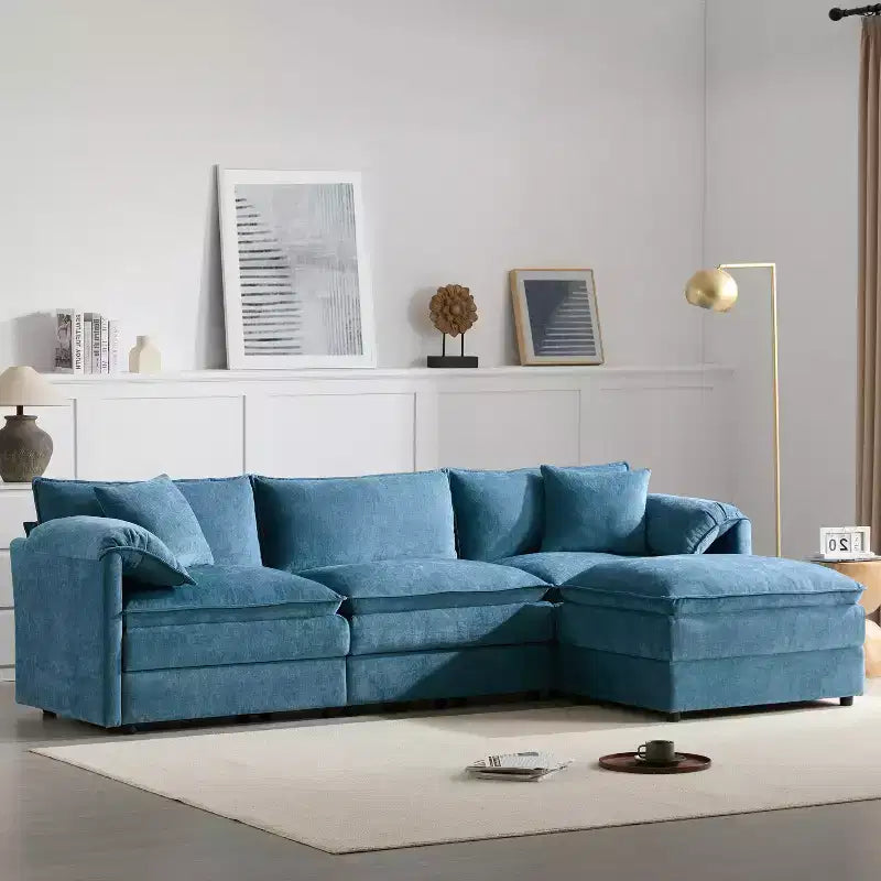 Divano Componibile Moderno Oversize in ciniglia, Divano a 4 posti con Doppio Cuscino e Pouf Mobili