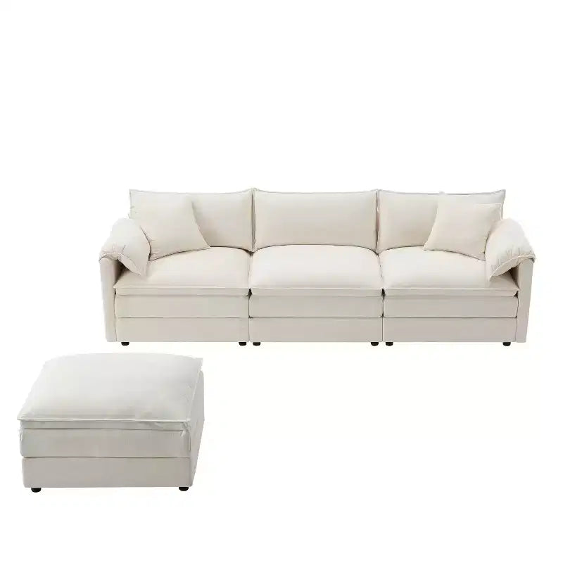 Divano Componibile Moderno Oversize in ciniglia, Divano a 4 posti con Doppio Cuscino e Pouf Mobili