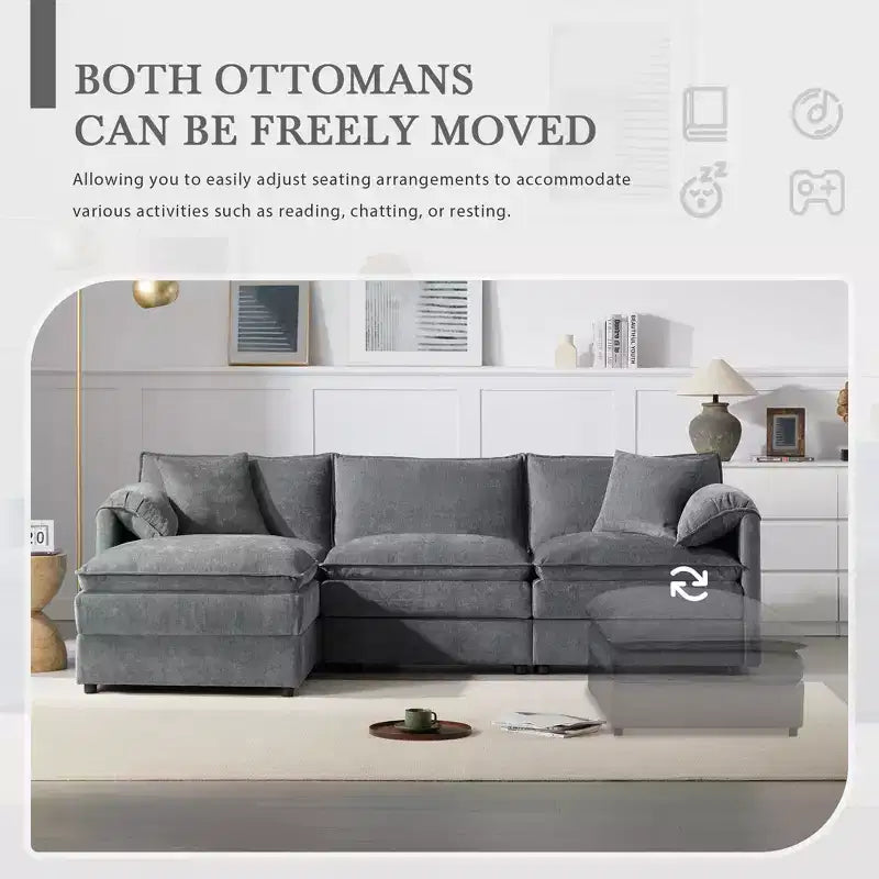 Divano Componibile Moderno Oversize in ciniglia, Divano a 4 posti con Doppio Cuscino e Pouf Mobili