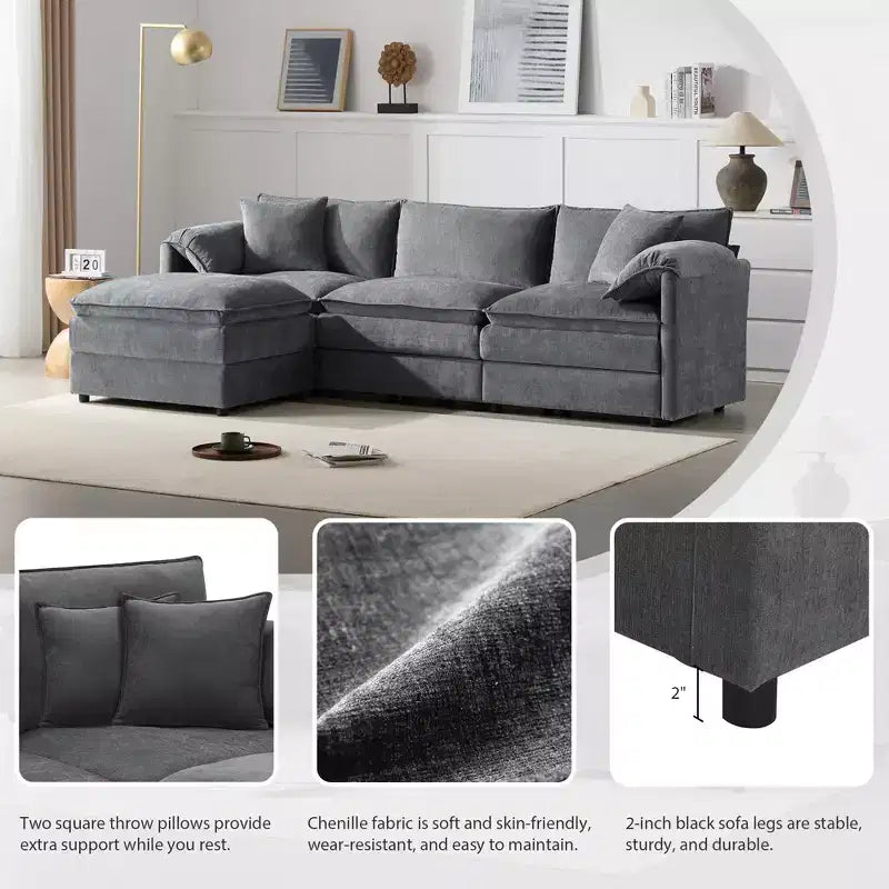 Divano Componibile Moderno Oversize in ciniglia, Divano a 4 posti con Doppio Cuscino e Pouf Mobili