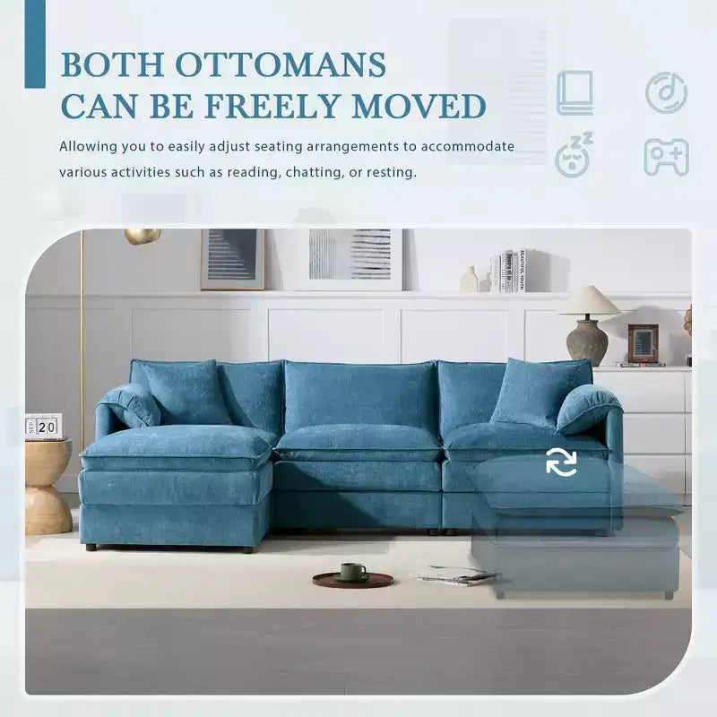 Divano Componibile Moderno Oversize in ciniglia, Divano a 4 posti con Doppio Cuscino e Pouf Mobili