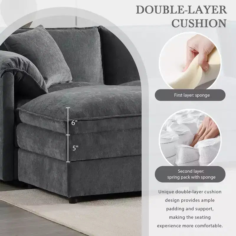 Divano Componibile Moderno Oversize in ciniglia, Divano a 4 posti con Doppio Cuscino e Pouf Mobili