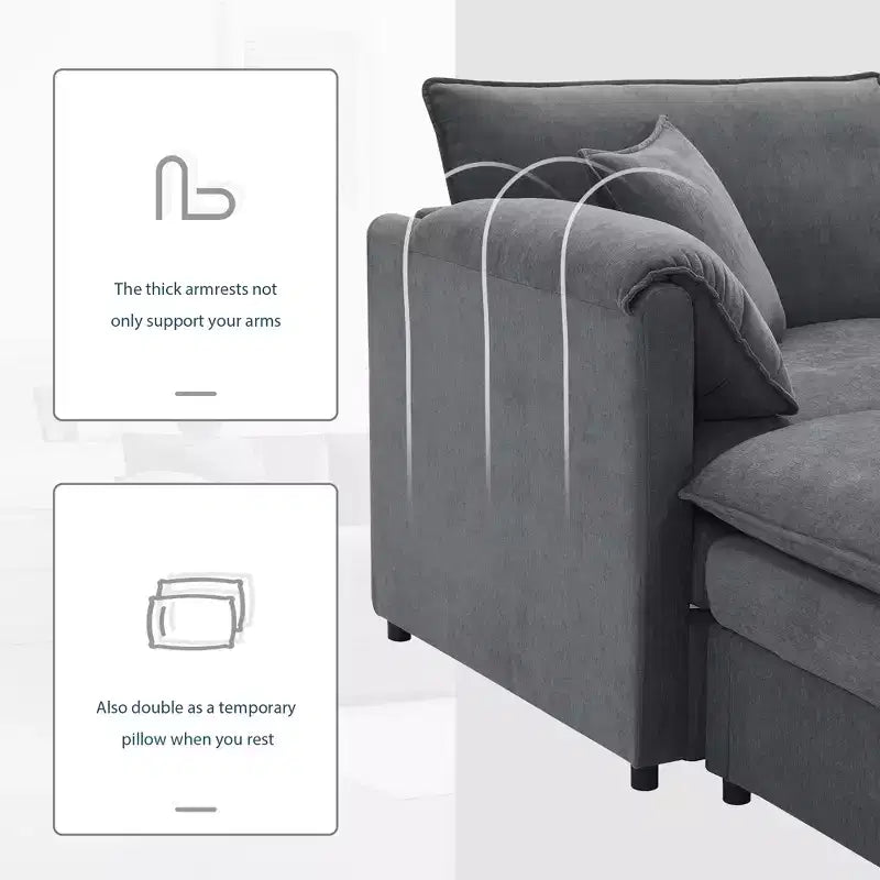 Divano Componibile Moderno Oversize in ciniglia, Divano a 4 posti con Doppio Cuscino e Pouf Mobili