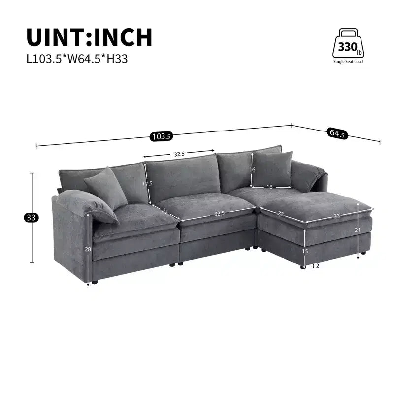 Divano Componibile Moderno Oversize in ciniglia, Divano a 4 posti con Doppio Cuscino e Pouf Mobili