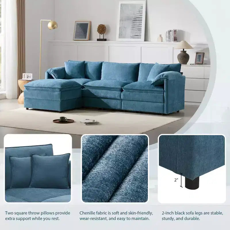 Divano Componibile Moderno Oversize in ciniglia, Divano a 4 posti con Doppio Cuscino e Pouf Mobili