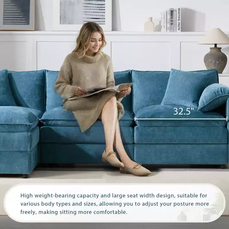 Divano Componibile Moderno Oversize in ciniglia, Divano a 4 posti con Doppio Cuscino e Pouf Mobili