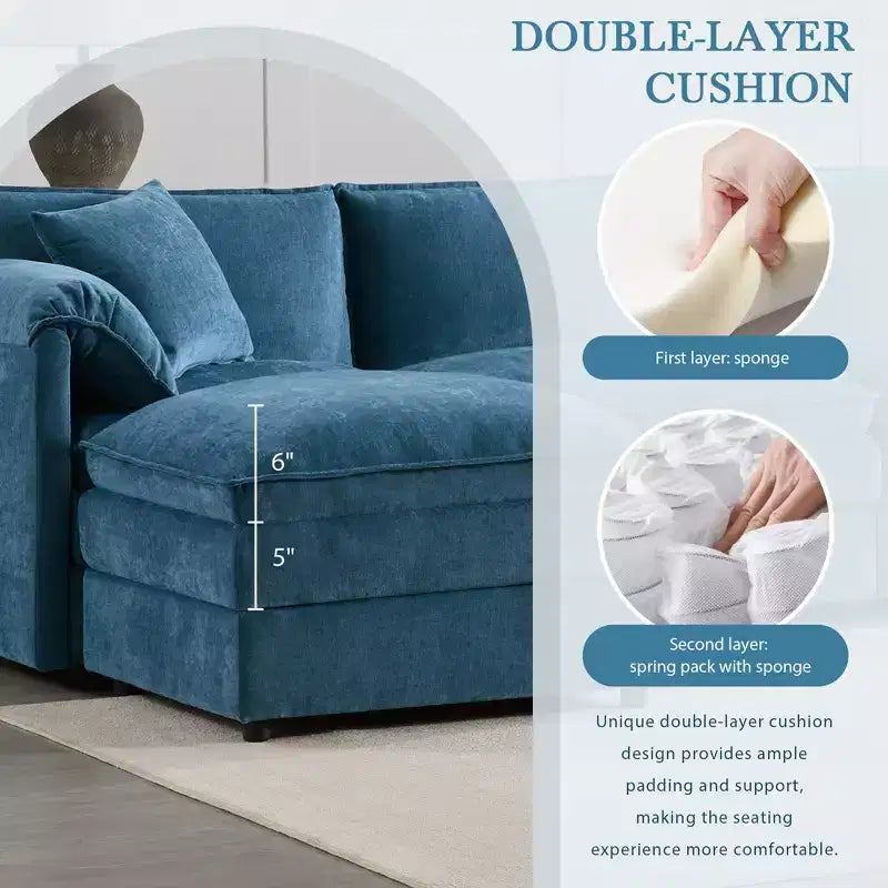 Divano Componibile Moderno Oversize in ciniglia, Divano a 4 posti con Doppio Cuscino e Pouf Mobili