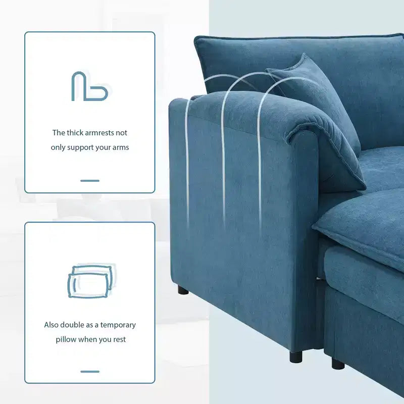 Divano Componibile Moderno Oversize in ciniglia, Divano a 4 posti con Doppio Cuscino e Pouf Mobili