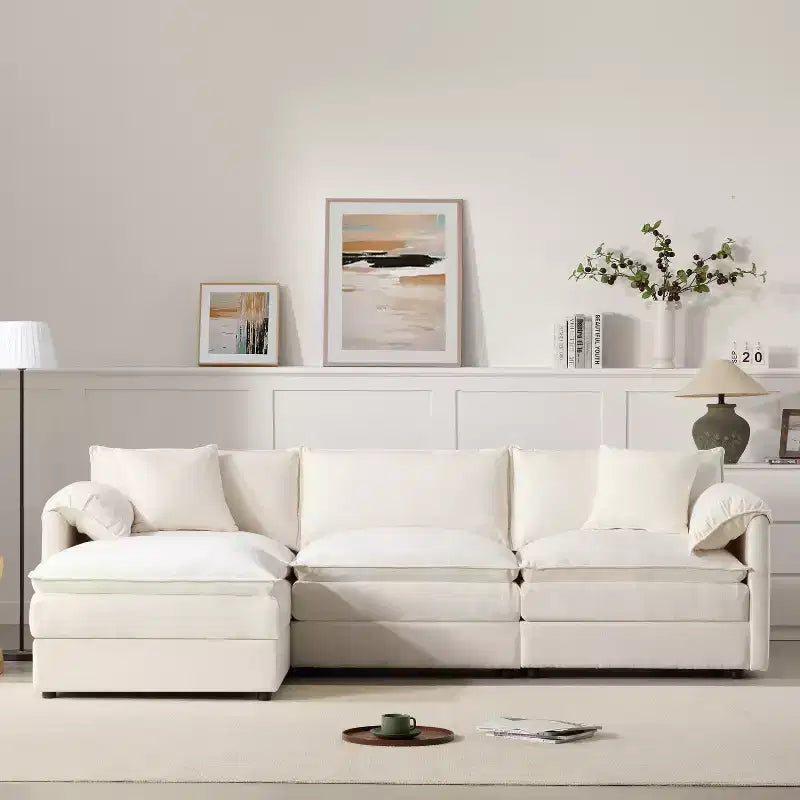 Divano Componibile Moderno Oversize in ciniglia, Divano a 4 posti con Doppio Cuscino e Pouf Mobili