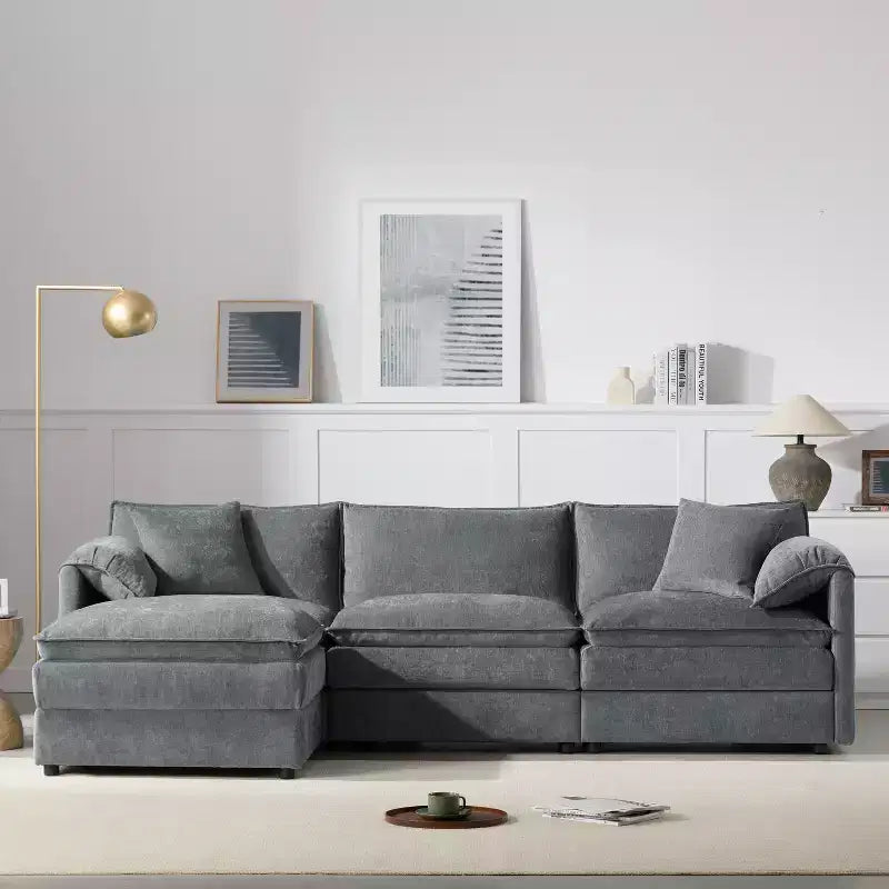 Divano Componibile Moderno Oversize in ciniglia, Divano a 4 posti con Doppio Cuscino e Pouf Mobili