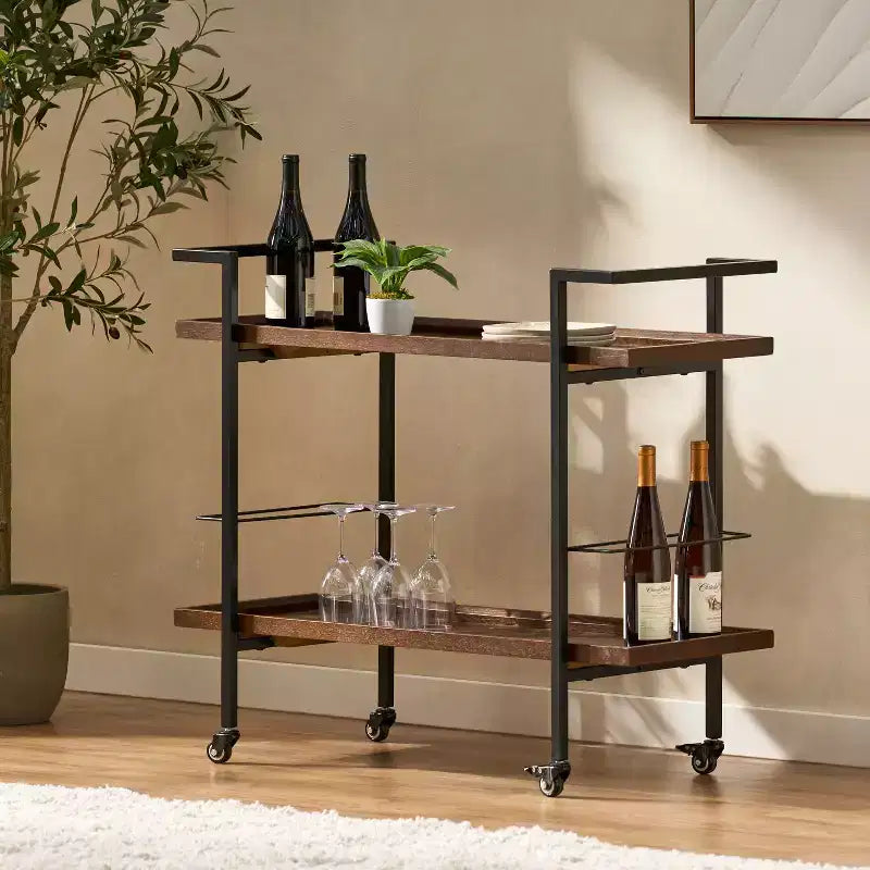 Carrello da bar Harrison Industrial con ruote in legno finto e ferro