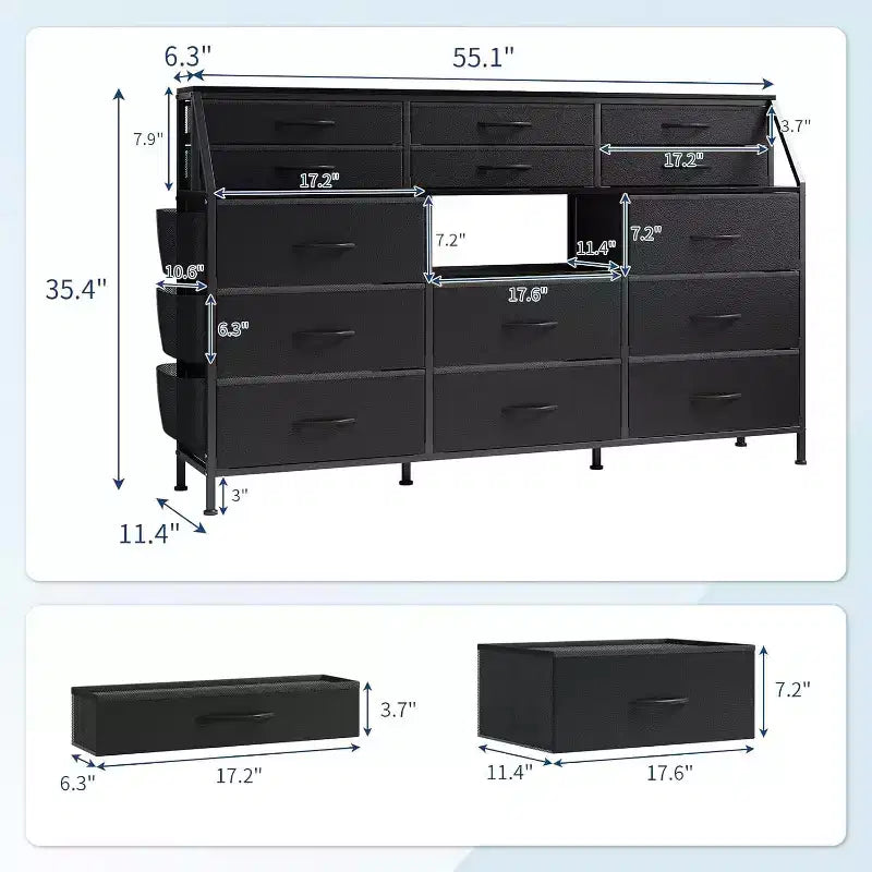 Cassettiera per camera da letto con 14 cassetti, cassettiera da 140 cm con tasca laterale, cassettiere in tessuto con ripiani