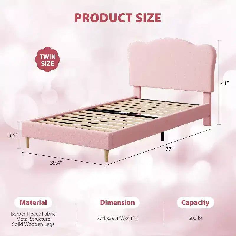 Telaio letto imbottito per bambini in tessuto a piattaforma con testiera a conchiglia, misura singola, rosa, non richiede rete a doghe