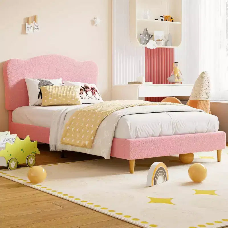 Telaio letto imbottito per bambini in tessuto a piattaforma con testiera a conchiglia, misura singola, rosa, non richiede rete a doghe