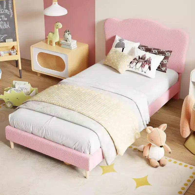 Telaio letto imbottito per bambini in tessuto a piattaforma con testiera a conchiglia, misura singola, rosa, non richiede rete a doghe