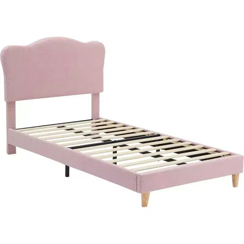 Telaio letto imbottito per bambini in tessuto a piattaforma con testiera a conchiglia, misura singola, rosa, non richiede rete a doghe