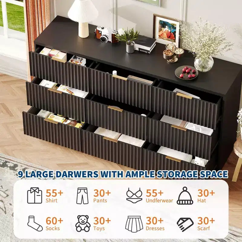 Comò scanalato a 63 8/9 cassetti - Ampio organizer in legno con maniglie in metallo e design antiribaltamento per camera da letto, soggiorno, corridoio