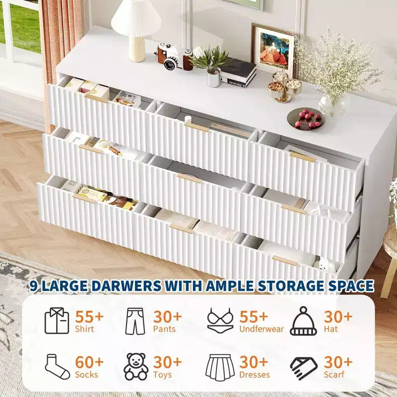 Comò scanalato a 63 8/9 cassetti - Ampio organizer in legno con maniglie in metallo e design antiribaltamento per camera da letto, soggiorno, corridoio