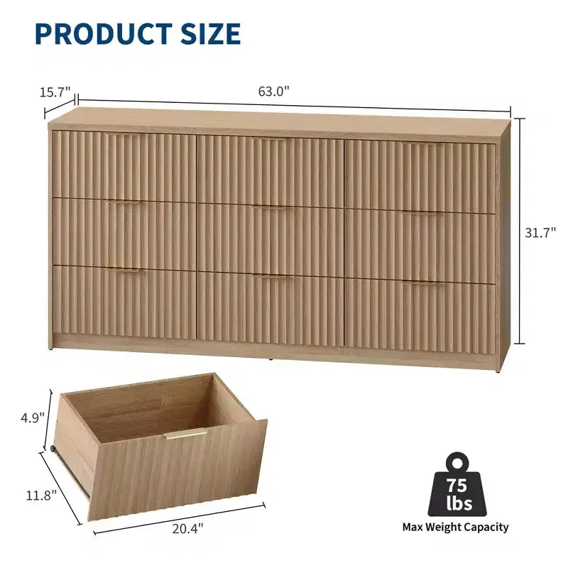 Comò scanalato a 63 8/9 cassetti - Ampio organizer in legno con maniglie in metallo e design antiribaltamento per camera da letto, soggiorno, corridoio