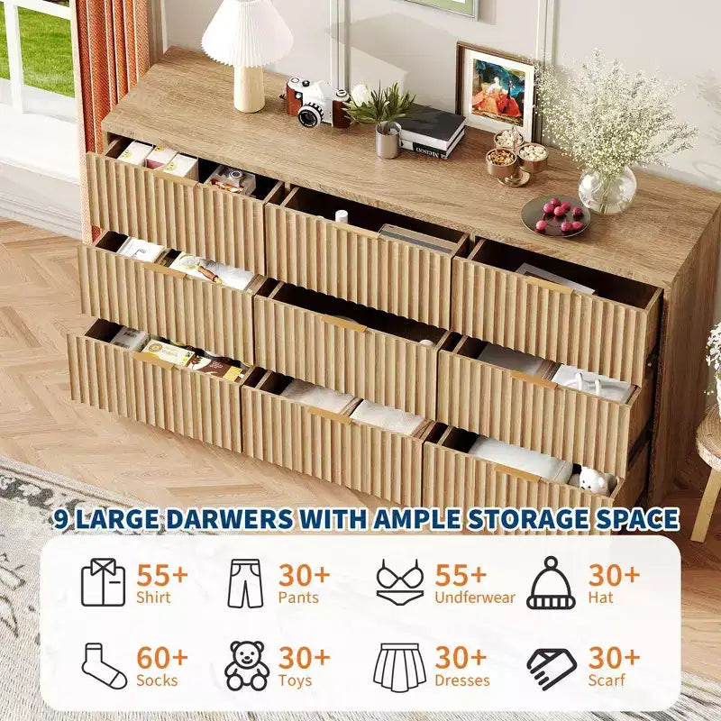 Comò scanalato a 63 8/9 cassetti - Ampio organizer in legno con maniglie in metallo e design antiribaltamento per camera da letto, soggiorno, corridoio