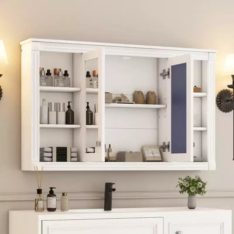 Mobiletto da bagno a parete da 47 pollici, armadietto dei medicinali a parete con specchio e ripiani aperti, mobiletto pensile galleggiante sopra il WC per bagno