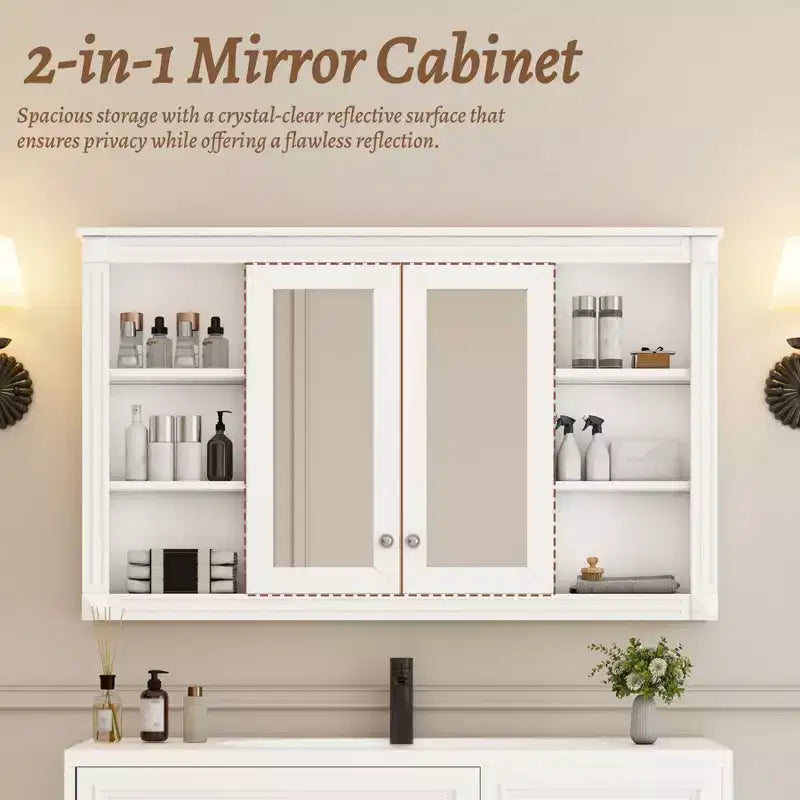 Mobiletto da bagno a parete da 47 pollici, armadietto dei medicinali a parete con specchio e ripiani aperti, mobiletto pensile galleggiante sopra il WC per bagno
