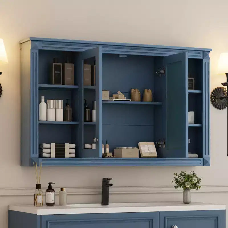 Mobiletto da bagno a parete da 47 pollici, armadietto dei medicinali a parete con specchio e ripiani aperti, mobiletto pensile galleggiante sopra il WC per bagno