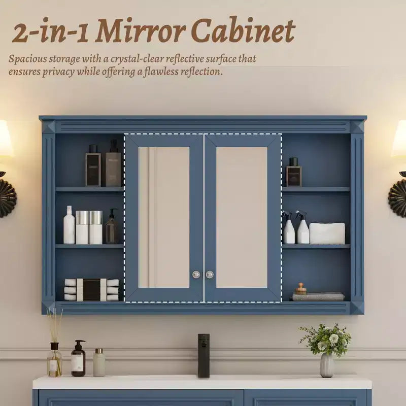 Mobiletto da bagno a parete da 47 pollici, armadietto dei medicinali a parete con specchio e ripiani aperti, mobiletto pensile galleggiante sopra il WC per bagno